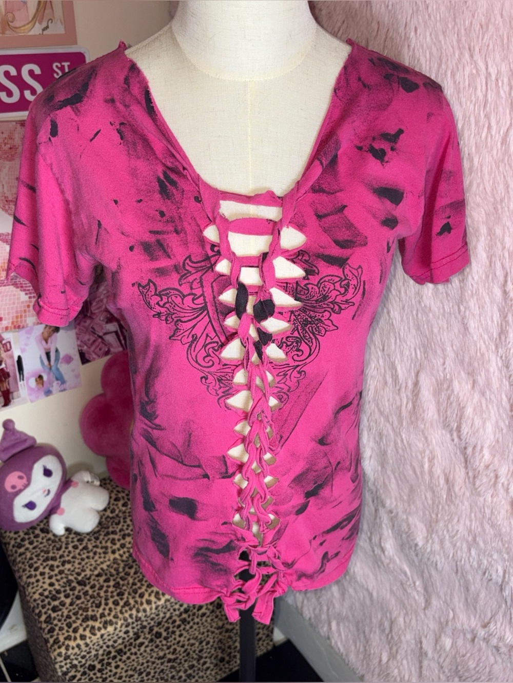 Pink and black lace up top